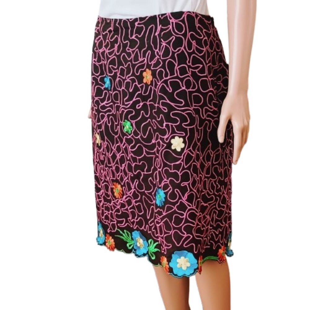 Embroidered Floral Scalloped Pencil Skirt 16W Women's Multicolored Lined